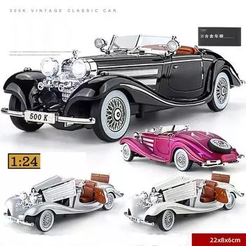 1/24 Benz 500K Классическая старинная игрушечная машинка для детей Литая модель из сплава Миниатюрная модель Звуковая коллекция со светом Подарок на день рождения для ребенка чёрный