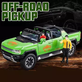 1:24 Hummer EV Pickup Alloy New Energy Car Model Литой металлический внедорожник Модель автомобиля Моделирование Звук и свет Детский подарок Кабриолет Пикап Convertible зелёный
