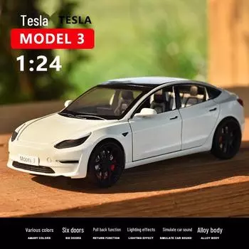 1:24 игрушечных автомобиля Tesla Model 3 из сплава со звуком, светом и открывающимися дверями
