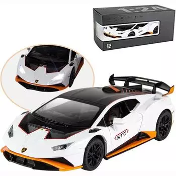 1:24-масштабная литая под давлением модель автомобиля из сплава для Lambo Huracan STO 2021, модель автомобиля с откатным механизмом, игрушечные автомобили со светом и звуком для коллекции для детей и взрослых 1/24-21x8.5x5.5cm белый/оранжевый