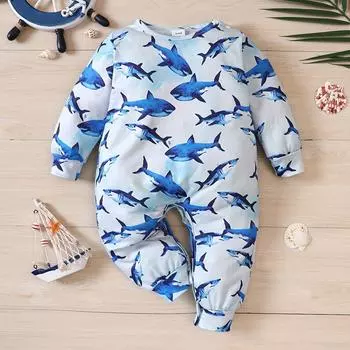 1-24 месяца Малыш Мальчик Милый Акула Сплошной Комбинезон Длинный Рукав Ползунки 1-3M