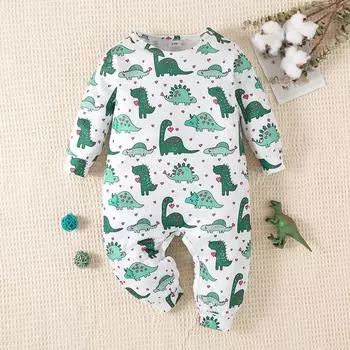 1-24 месяца младенец милый сердечко динозавр полный принт комбинезон длинный рукав комбинезон 1-3M