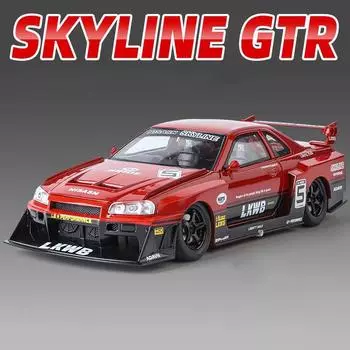 1:24 Полномасштабная модель автомобиля GTR R34 с четырьмя колесами, амортизирующим рулевым управлением, четырьмя дверями, литой под давлением, со звуком и светом, инерционная модель, игрушечный подарок для мальчика красный