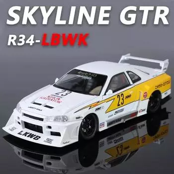 1:24 Полномасштабная модель автомобиля GTR R34 с четырьмя колесами, амортизирующим рулевым управлением, четырьмя дверями, литой под давлением, со звуком и светом, инерционная модель, игрушечный подарок для мальчика жёлтый