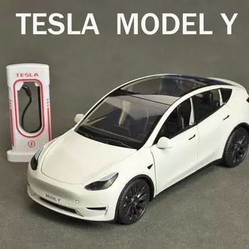 1:24 Tesla Model Y Model 3 Зарядная стопка из сплава, литая под давлением игрушечная модель автомобиля, звук и свет, детская игрушка, коллекционные предметы, подарок на день рождения белый