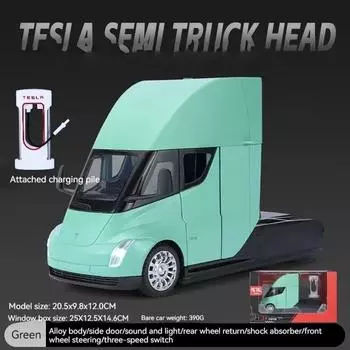 1:24 Tesla SEMI Truck Head Trailer Model Simulation Metal Alloy Diecast Sound and Light Gift with Boys Collection Car Model Children Toy зелёный