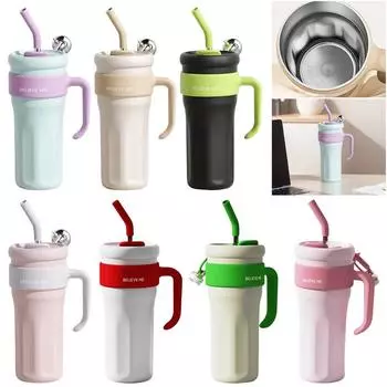 1.25L Insulated Mug Leakproof Water Bottle with Handle and Straw Cold Drink Bottle Stainless Steel Vacuum Cup for Fitness Travel 1.25L белый