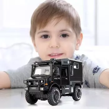 1:28-масштабная модель автомобиля Benz Unimog, литая под давлением игрушечная машинка с откидным механизмом, двери открываются, свет и звук, игрушки для мальчиков, подарки для детей и взрослых 1/28-18.8x10.5x6.7cm чёрный