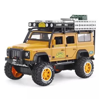 1:28 масштабов Camel Trophy Defender Литые игрушки из сплава Модели автомобилей, металлические игрушечные транспортные средства с функцией откатывания Коллекции света и звука Подарки 1/28-18.6x11.2x8.6cm жёлтый