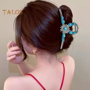 1/2/3 шт. Большие заколки-краб для волос, металлические, бирюзовые, синие, каменные, нескользящие, зажимы для волос, женские, заколки, аксессуары для волос 1pc