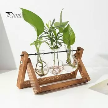 1/2/3 шт. террариум для растений с деревянной подставкой, прозрачная стеклянная ваза для колбы, центральный элемент стола, гидропонный держатель для цветов, украшение для контейнера для растений 1pc эбеновый