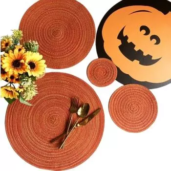 1/2/4 Sets Placemat and Coaster Set Braided Round Placemats Natural Woven Table Mats for Dining Table Party Kitchen Decor Orange 1set 38cm and 11cm