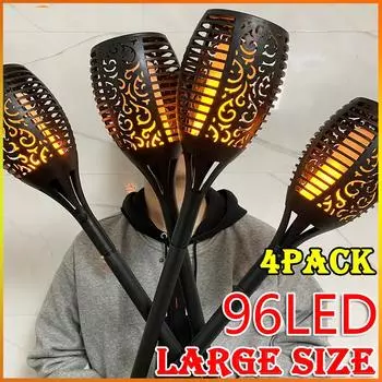 1/2/4 упаковки, 96 светодиодов, солнечные фонари, мерцающий фонарь с пламенем, уличный водонепроницаемый декор для сада, лужайка, дорожка, двор, патио, напольный ночник 1PCS