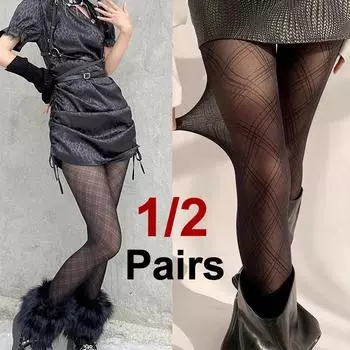 1/2 Pair Women Sexy Black Checkered Pantyhose Fashionable Slim Fit Jk Spicy Girl Style Summer Lightweight Breathable Casual Sock One Size