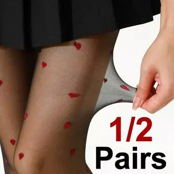 1/2 Pairs Women Heart-Shaped Pattern Transparent Stockings Black Sexy Slim Fit Silk Stocking Jumpsuit Tight Elastic leisure Sock One Size