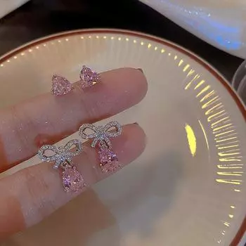 1/2 пары сережек-гвоздиков с розовым цирконием в форме капли воды, романтические украшения в виде сердца