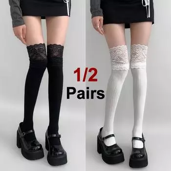 1/2 пары женских кружевных носков длиной до колена, модные черные, белые, в стиле Лолиты, мягкие, удобные, повседневные носки One Size