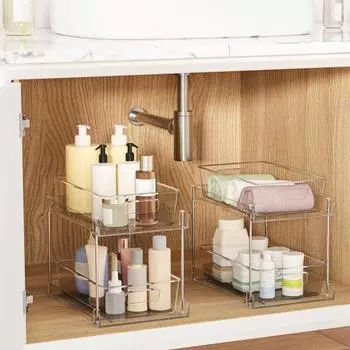 1/2 шт. 2-уровневые органайзеры для ванной комнаты под раковиной, многоцелевые прозрачные штабелируемые контейнеры, ящик для хранения с выдвижной направляющей 1pc