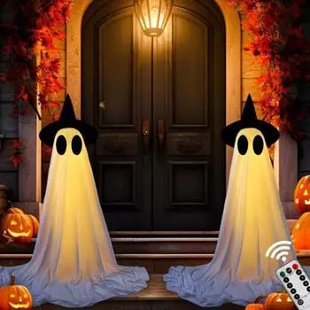 1/2 шт., фигурка привидения на Хэллоуин, стоящая статуя привидения с ведьминой шляпой, наружное светящееся украшение с дистанционным управлением для крыльца, двора, сада, газона 1pc