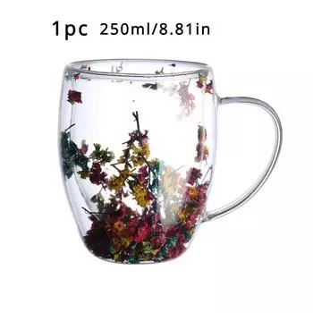 1/2 шт. начинки, сухие цветы, стеклянная чашка с двойными стенками и ручкой, термостойкие чашки для чая, кофе, кружка для молока, эспрессо, креативный подарок 1 PC 250ML/8.81OZ