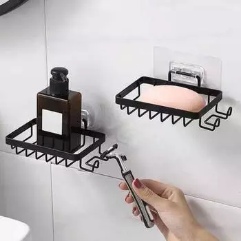 1/2 шт., настенное крепление, мыльница, боковые крючки, полый держатель из нержавеющей стали для душа, контейнер для мыла, коробка для хранения, кухонные принадлежности для ванной комнаты 1pc чёрный