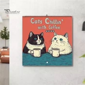 1/2 шт. настенный календарь 2025 года «Кошки отдыхают с кофе», настенный календарь на 12 месяцев, календарь «Кошки с кофе», семейный офисный органайзер для любителей кошек, подарок 1pc