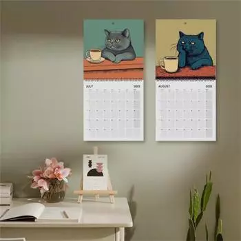 1/2 шт. настенный календарь 2025 года «Кошки отдыхают с кофе», настенный календарь на 12 месяцев, календарь «Кошки с кофе», семейный офисный органайзер для любителей кошек, подарок 1pc