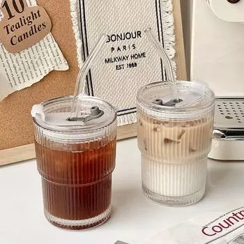 1/2 шт. стеклянная чашка в полоску с крышкой и соломинкой, прозрачные очки, посуда для напитков, чашка, кружка для ледяного кофе, чашка для чая, молока, сока, воды, стеклянная кружка 400ml