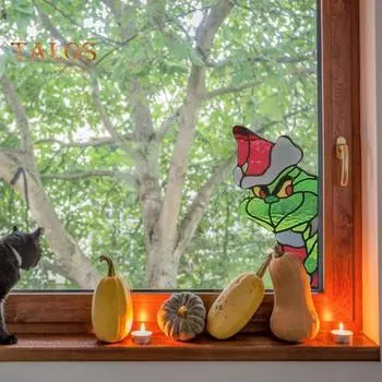 1/2 шт., украшение для угла окна в виде эльфа с зелеными волосами, для домашнего офиса, гостиной, внутренней двери, оконной рамы, акриловое витражное стекло, рождественский мультяшный эльф, орнамент Left