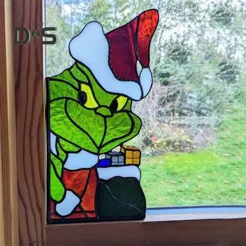 1/2 шт., украшение для угла окна в виде эльфа с зелеными волосами, для домашнего офиса, гостиной, внутренней двери, оконной рамы, акриловое витражное стекло, рождественский мультяшный эльф, орнамент Left