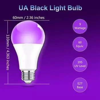 1-2 шт. в упаковке, черные лампочки, 9 Вт, УФ-светодиодная лампа с цоколем E27, 395 нм, черная УФ-лампа, ультрафиолетовая флуоресцентная фиолетовая лампа 1 PC Black