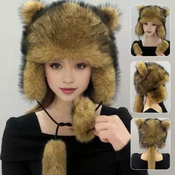 1/2 шт. Женская зимняя шапка с толстым искусственным мехом, украшением в виде ушей и хвоста, мультяшный енот, однотонная, ветрозащитная шапка для защиты ушей для катания на лыжах, сноуборде, походов 1pc