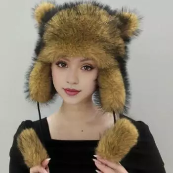 1/2 шт. Женская зимняя шапка с толстым искусственным мехом, украшением в виде ушей и хвоста, мультяшный енот, однотонная, ветрозащитная шапка для защиты ушей для катания на лыжах, сноуборде, походов 1pc