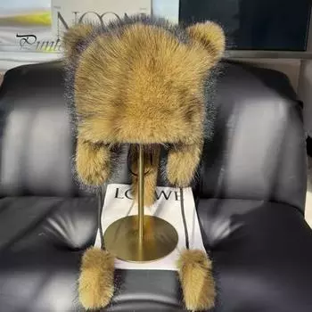 1/2 шт. Женская зимняя шапка с толстым искусственным мехом, украшением в виде ушей и хвоста, мультяшный енот, однотонная, ветрозащитная шапка для защиты ушей для катания на лыжах, сноуборде, походов 1pc