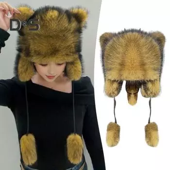 1/2 шт. Женская зимняя шапка с толстым искусственным мехом, украшением в виде ушей и хвоста, мультяшный енот, однотонная, ветрозащитная шапка для защиты ушей для катания на лыжах, сноуборде, походов 1pc