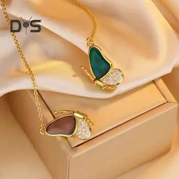 1/2 шт. Женское ожерелье со стразами, подвеска в виде бабочки, магнитная застежка, чувствительная к температуре, меняющая цвет, полированная титановая сталь, регулируемая 1pc золотистый