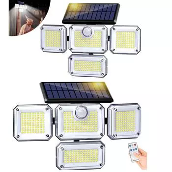 1/2 упаковки уличных солнечных светильников 333 светодиодных охранных светильника с дистанционным управлением, 4 головки с датчиком движения, настенные светильники с 3 режимами 1Pack