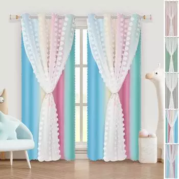 1/2панельная затемняющая штора двухслойная помпоновая люверсная верхняя затемняющая драпировка вуаль тюль оконные жалюзи для спальни гостиной 132x160cm