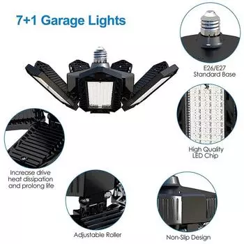 1/2pcs 7+1 Panels Deformable LED Garage Light E27 Ceiling Shop Lamp LED Bulb Foldable Fan Lamps for Workshop Industrial Lighting