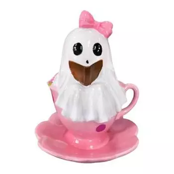 1/2Pcs Halloween Reading Ghost Figurine Pink Teacup Ghost Statue Resin Sculpture Home Office Holiday Party Desktop Decoration Ornament 1pc