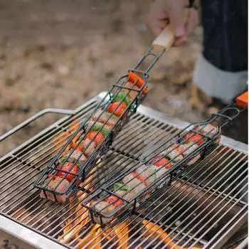 1/2PCS Outdoor Wooden Handle Barbecue Cage Camping Meat and Vegetable Barbecue Net Rack Picnic Barbecue Tools