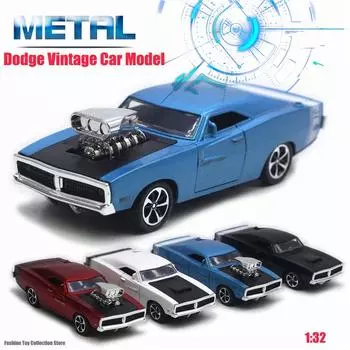 1/32 Dodge Challenger Винтаж Классическая Модель Легкосплавного Автомобиля Литые Игрушки со Звуком и Светом Транспортные Средства Украшения Игрушки Для Детей Подарок синий