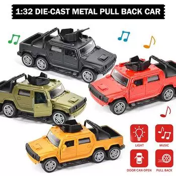 1/32 литой автомобиль, игрушки, имитация пикапа Hummer, внедорожный автомобиль, игрушечный автомобиль с откатным механизмом, модель автомобиля из сплава, металлические транспортные средства, легкая музыка, литой автомобиль 1/32-Size:11.7*5.3*5cm чёрный