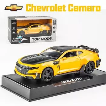 1/32 масштаб Camaro Bumblebee, модель автомобиля, игрушка из цинкового сплава, литье, автомобиль со звуком и светом, игрушки для детей, подарок для мальчиков и девочек 1/32-16x6.5x4.6cm жёлтый