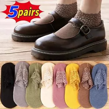 1/3/5 пар зимних женских бархатных носков-тапочек, нескользящие хлопковые носки средней длины, кружевные короткие носки, однотонные дышащие носки-лодочки