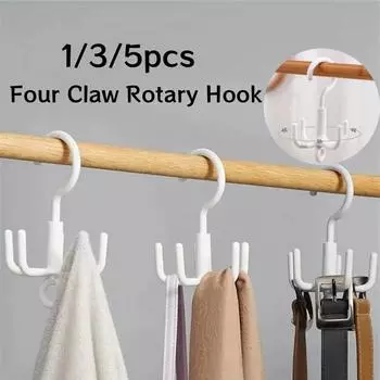 1/3/5Pcs Four Claw Rotary Hooks Free Punch Bag Tie Scarf Coat Hat Hanger Storage 360° Rotation Plastic Hook Home Closet Storage