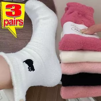 1/3 пары утолщенных носков до середины икры с милым рисунком кота, осенне-зимние теплые носки цвета норки, кораллового бархата, для дома, мягкие носки для сна