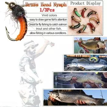 1/3 шт., мушки для рыбалки, латунная голова с бусинами, быстрая сикинговая нимфа, скад, червь, червь, ручейник, куколка, поддельные насекомые, приманки для рыбалки нахлыстом 1Pcs-Orange