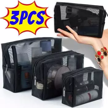 1/3 шт. сетчатые прозрачные косметички, маленькие, большие, черные косметички, портативный дорожный органайзер для туалетных принадлежностей, чехол для хранения губной помады S