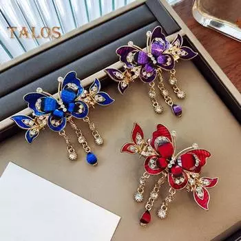 1/3 шт. заколки для волос в виде бабочек со стразами, кисточки для волос в виде бабочки, винтажные заколки-хвосты в стиле бохо, аксессуары для волос для женщин и девочек, принадлежности для укладки синий